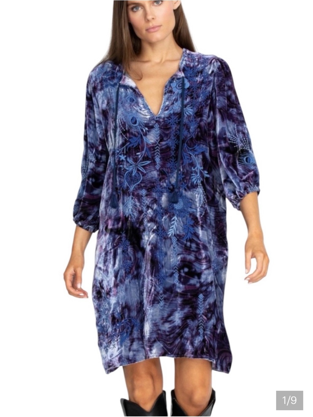 Johnny Was Blue and Purple Velvet Relaxed Peasant Dress Croatian Dreams XL NWT